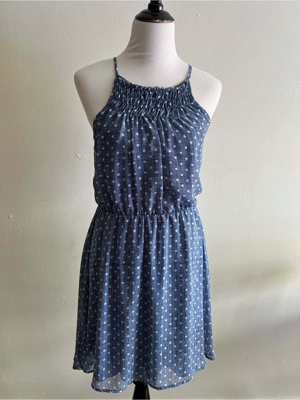 dee elle Navy and White Polka Dot Smocked Halter Top mini dress